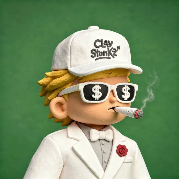 A claymation-style cartoon figure wears a white cap reading "Clay Stonks," dollar-sign sunglasses, a white tuxedo with red boutonniere, and smokes a lit blunt against a green backdrop, visually representing the "Clay Stonks" branding and the opulent, money-oriented NFT drops like FungoLabs and RYFTCORP mentioned in the post.