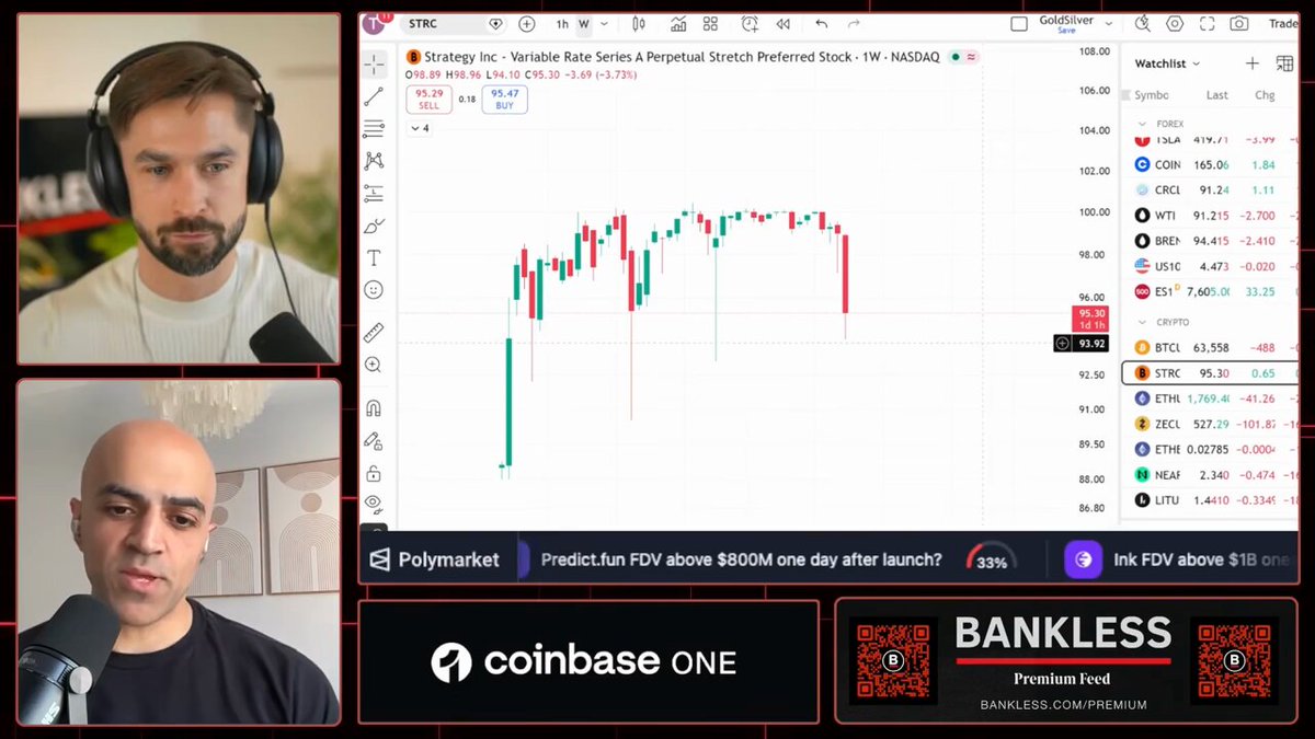 In the image, there are two men wearing headphones who appear to be participating in a podcast or online meeting where they discuss MicroStrategy's $12B premium vanishes if Saylor sells Bitcoin for dividends. The man sitting closer to the camera is saying that Bitcoin went down in value and consequently, the premium vanishes. He emphasizes that this would drain Bitcoin liquidity and push smaller coins lower first due to Saylor selling it. Another person is sitting farther away from the camera and listening to what both individuals are saying.