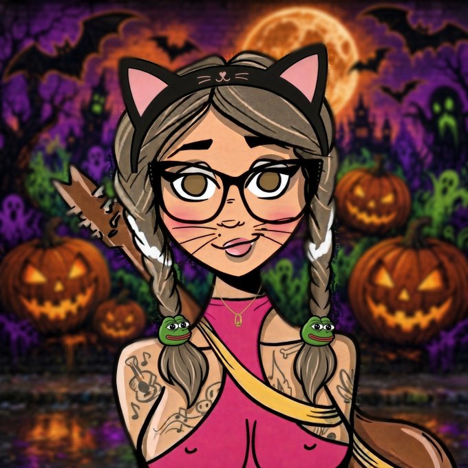 A cartoon-style illustration of a girl with cat ears, glasses, and braids in a Halloween setting with jack-o'-lanterns, bats, and a full moon in the background.