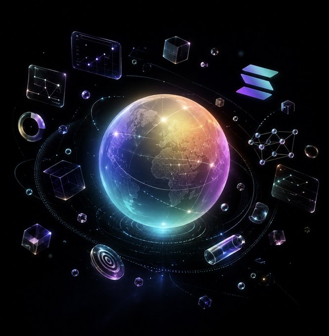 A vibrant digital illustration featuring a glowing multicolored globe surrounded by floating cryptocurrency symbols, including the Solana logo, cubes, charts, and network nodes against a dark background.