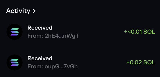 A dark-themed cryptocurrency wallet activity feed showing two incoming Solana transactions: "+<0.01 SOL" received from address 2hE4...nWgT and "+0.02 SOL" received from address oupG...7vGh, matching the post about someone unexpectedly sending SOL to the user's wallet.