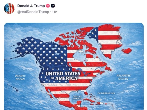 A post from Donald J. Trump (@realDonaldTrump) featuring an image of North America and the Caribbean with the United States overlaid with the American flag design and labeled 'UNITED STATES OF AMERICA' on a satellite-style map.