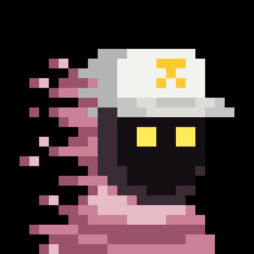 A pixel art character wearing a white cap with an orange logo and dark sunglasses is depicted with a pink/magenta glitchy dissolution effect against a black background.