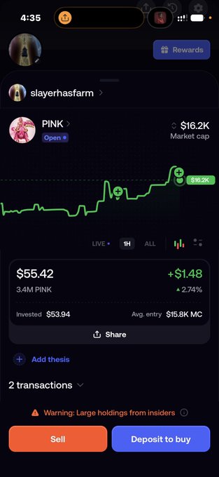 A mobile screenshot of a cryptocurrency trading interface showing the $PINK token by slayerhasfarm, currently priced at $55.42 with a $16.2K market cap and a +18.2% gain, matching the post's celebration of holding above $50.