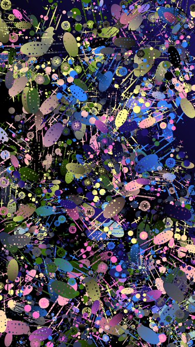 An abstract digital artwork featuring colorful shapes, dots, and lines on a dark background.