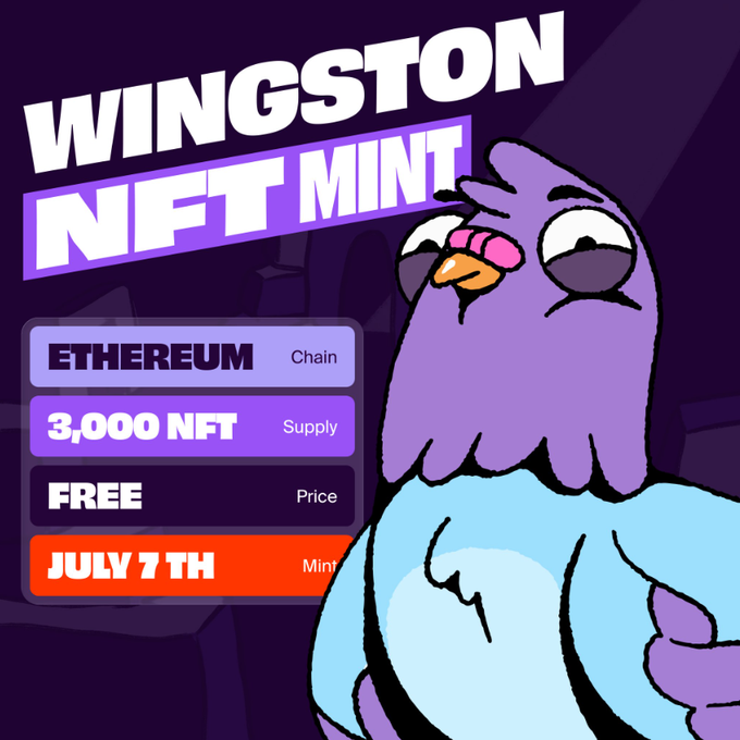 The image is a promotional graphic for a "WINGSTON NFT MINT" featuring a purple cartoon bird character, with details indicating an Ethereum-based mint of 3,000 NFTs priced at FREE on July 7th. It visually supports the post's message by advertising the free NFT mint date that serves as a "product key" tied to the Rally protocol's active business model.
