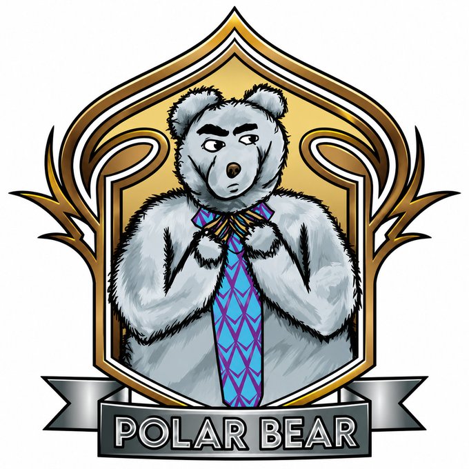 A digital illustration of a gray polar bear wearing a colorful patterned tie, set within an ornate gold frame emblem with a banner at the bottom reading 'POLAR BEAR'.