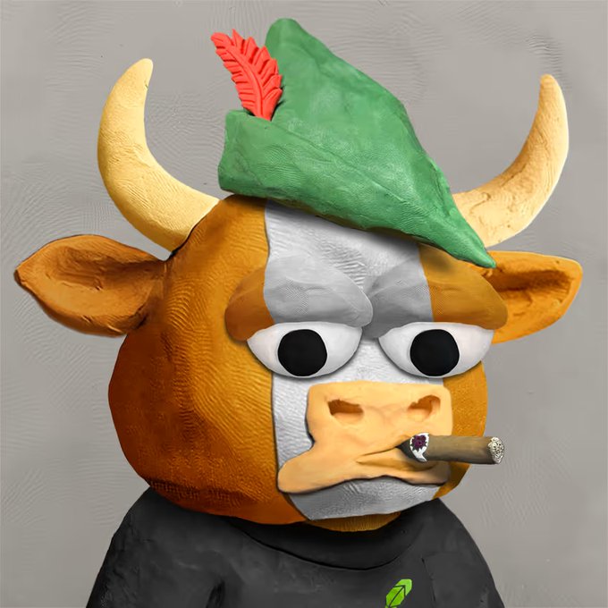 A 3D-rendered clay bull character wearing a green Robin Hood-style hat with a red feather, smoking a cigar, and wearing a black shirt with a green leaf logo.