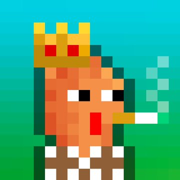 Pixel art character depicting a king with a golden crown, brown hair, and a smoking cigarette against a teal and green background.