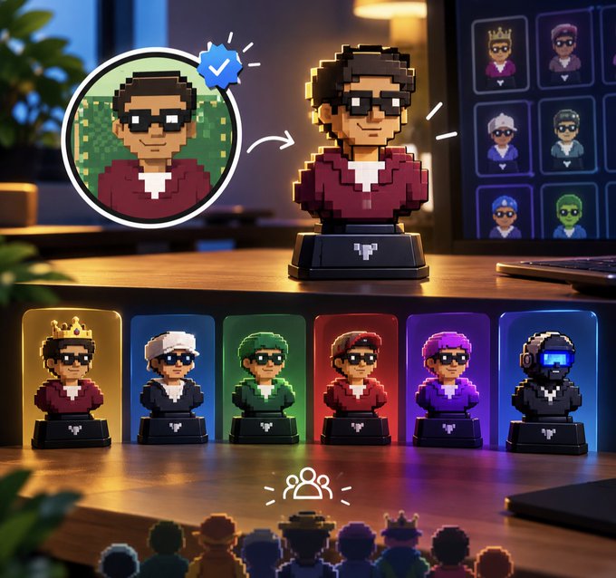A promotional image for a pixel art figurine collection featuring a character with sunglasses in a red jacket, showing the source image being transformed into a collectible figurine alongside six variant figures in different colors on a desk.