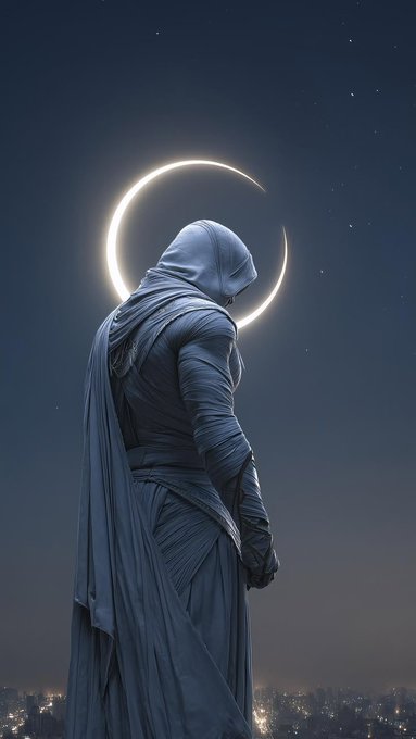 The image features a statue of a person standing against a dark sky, with a crescent moon above them. The statue has a hooded robe and appears to be wearing gloves. The background includes buildings that are lit up by lights, suggesting an urban setting or cityscape at night. The caption for the image reads: "GN CT spend the day preaching about @useTria and @quipnetwork".