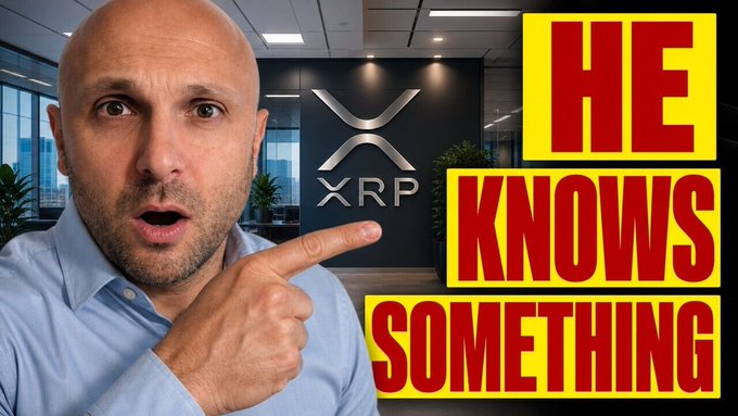 A bald man with a surprised expression points toward an XRP logo on a corporate wall, accompanied by bold red text reading "HE KNOWS SOMETHING," suggesting insider knowledge about XRP—though the post's caption shifts focus to broader market signals including the Senate Clarity Act, bipartisan ethics developments, and a 64% CME-implied probability of a Fed rate pause.