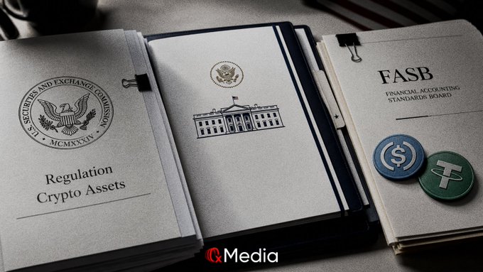 An image showing three folders/documents related to financial regulation: one labeled 'SECURITIES AND EXCHANGE COMMISSION Regulation Crypto Assets', one with the White House seal, and one labeled 'FASB FINANCIAL ACCOUNTING STANDARDS BOARD' with crypto coin icons.
