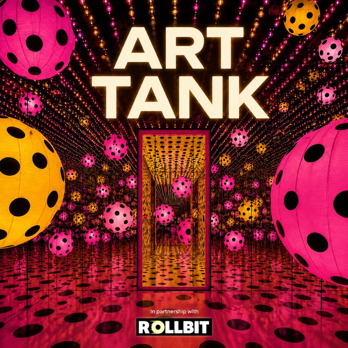 A vibrant promotional graphic featuring the text "ART TANK" in bold gold lettering against a psychedelic mirrored room filled with pink and yellow polka-dotted balloons, with "In partnership with ROLLBIT" displayed at the bottom, advertising the #ArtTank collaboration featuring guest curator @ditacrypto ("the Pepe master").