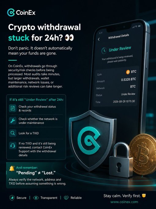 A CoinEx informational graphic titled 'Crypto withdrawal stuck for 24h?' reassures users about pending transactions and provides troubleshooting steps, accompanied by a phone showing an 'Under Review' BTC withdrawal.
