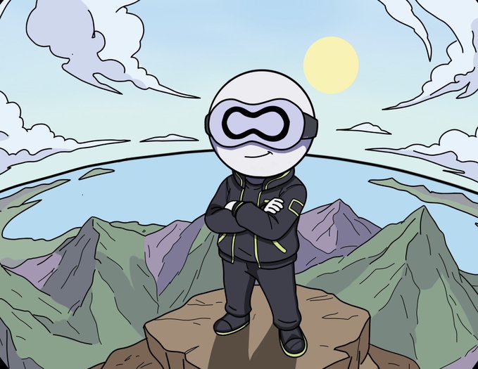 A cartoon ninja character with a large goggle-eyed mask standing confidently on a cliff with mountains and a lake in the background.