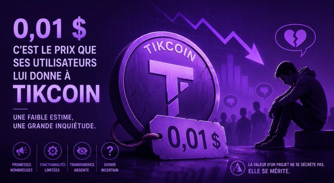 A dark purple graphic highlights “TIKCOIN” with a cracked coin, a $0.01 price tag, and a distressed seated user. The text says “0,01 $ — C’EST LE PRIX QUE SES UTILISATEURS LUI DONNENT À TIKCOIN” and “UNE FAIBLE ESTIME, UNE GRANDE INQUIÉTUDE,” reinforcing the claim that some users are willing to sell TikCoin for just $0.01.