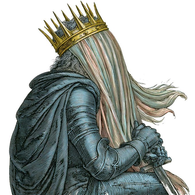 A detailed illustration of a knight in dark armor with long flowing hair and a golden spiked crown, viewed from behind with hands resting on a sword hilt.