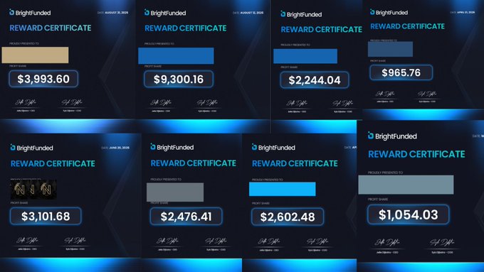 A collage of multiple BrightFunded "Reward Certificate" screenshots displaying payouts ranging from $965.76 to $9,300.16, presented as visual evidence supporting the user's claim of being scammed by BrightFunded after achieving a 933.12% ROI.