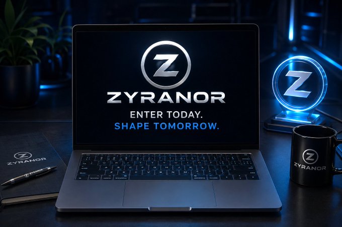 Branding mockup for 'ZYRANOR' displayed on a laptop screen, alongside a mug and notebook with the Z logo, with the tagline 'ENTER TODAY. SHAPE TOMORROW.'