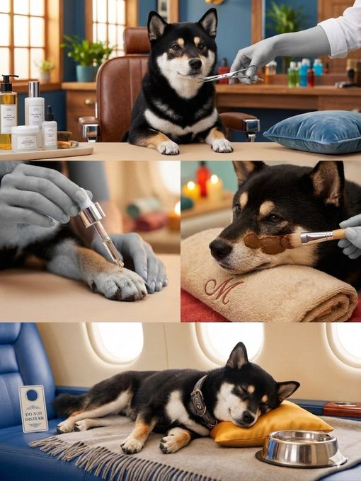 A four-panel collage showing a black and tan Shiba Inu dog receiving grooming and pampering services in a salon setting, getting its teeth brushed, nails trimmed, and face massaged, then resting comfortably on a blue cushion in what appears to be a plane cabin.