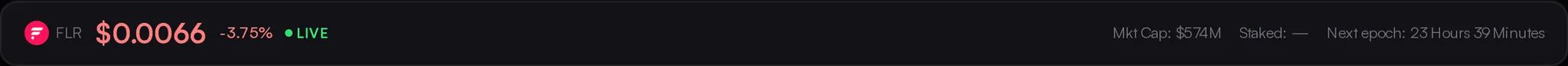 A live crypto ticker showing FLR at $0.0066, down 3.75%, with a market cap of $574M and the next epoch in 23 hours 39 minutes.