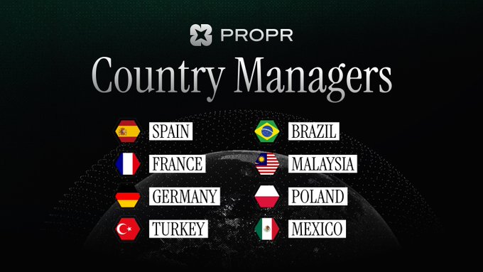 The image is a promotional graphic from **PROPR** titled "**Country Managers**," featuring the flags of **Spain, France, Germany, Turkey, Brazil, Malaysia, Poland, and Mexico** against a dark globe background. It visually supports the post's call for Country Managers worldwide to help build and grow local trading communities across various regions.