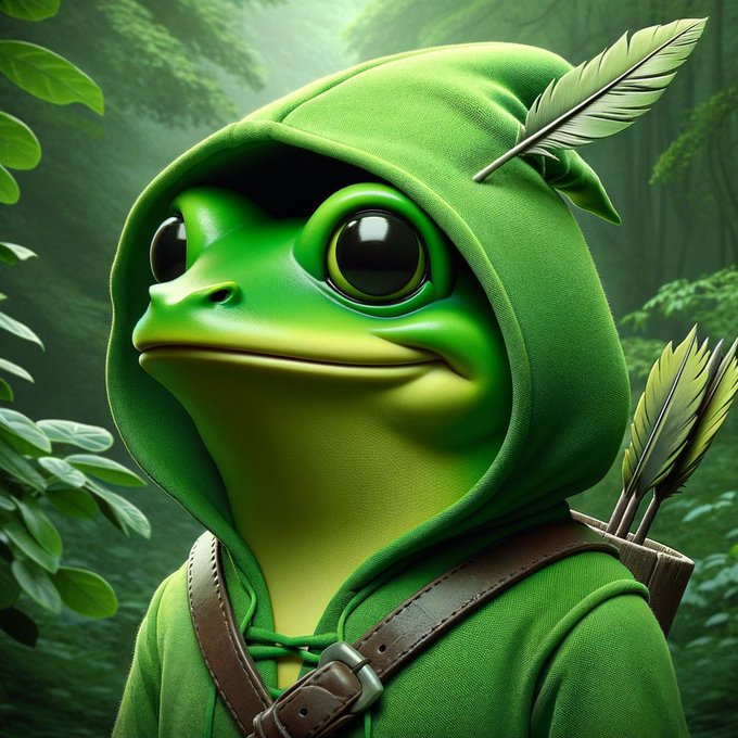 A digital illustration of an anthropomorphic green frog wearing a green hooded tunic with a feather, carrying a quiver of arrows on its back.