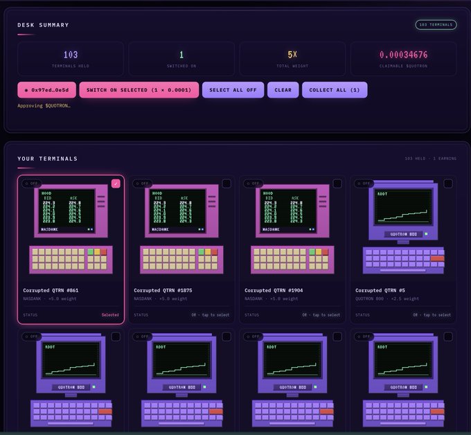 A retro-styled cyberpunk dashboard interface showing a "DESK SUMMARY" with 103 terminals held, 1 switched on, and 0.00034676 $QUOTRON earned, alongside a grid of pixel-art computer terminals labeled "BOOT" and "WAITING..." representing the mining game referenced in the post at corruptedquotrons.fun. The interface includes control buttons like "SWITCH ON SELECTED" and "COLLECT ALL," illustrating the daily reward collection system mentioned in the promotional text.