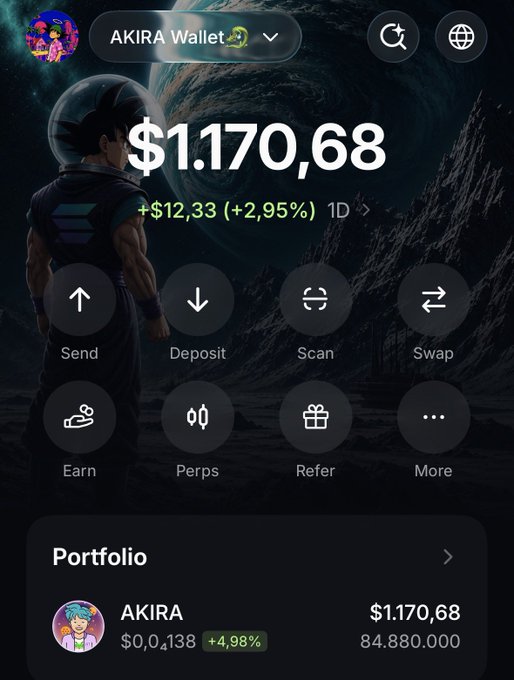 A cryptocurrency wallet app screen showing "AKIRA Wallet" with a balance of $1.170,68 (+$12,33 +2,95%), featuring a Vegeta (Dragon Ball) background and quick action buttons like Send, Deposit, Scan, and Swap.