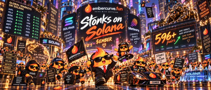 A vibrant digital billboard in a futuristic cityscape showcases EmberCurve.fun's bold "Stonks on Solana" campaign, featuring 596+ tradable pairs on Meteora with prominent tickers like $NVDA, $TSLA, $PYPL, and $SPY displayed alongside Solana and Metora branding. The scene blends financial market data, pop-culture mascots in suits, and meme energy to promote Ember's extensive tokenized stock and crypto pair offerings.