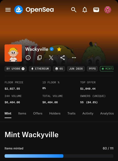 OpenSea NFT collection page for 'Wackyville' by UY066 on Ethereum, showing floor price $2,927.55, 24H volume $6,464.06, with 60/111 items minted.