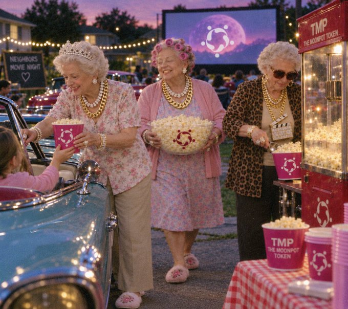 Three elderly women in colorful, bejeweled attire serve popcorn at an outdoor 'Neighbors Movie Night' with a 'TMP - The MoonPot Token' popcorn machine visible on the right.