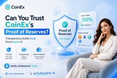 The image is a CoinEx advertisement promoting "CoinEx's Proof of Reserves" with the tagline "Verify, Understand, Trust," featuring a woman holding a phone and highlighting "100% Reserves" alongside icons for Security, Transparency, and Asset Protection. It does not visually relate to Trump's crypto message or any U.S. policy content, serving only as a generic crypto exchange branding asset that may have been paired with the political post.