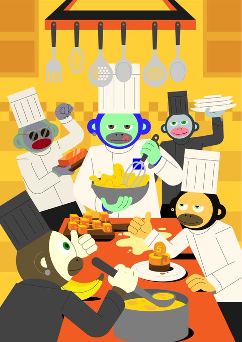 A cartoon illustration depicts a group of monkeys dressed as chefs in a kitchen, with one cooking pasta in the center while others prepare food around a table.