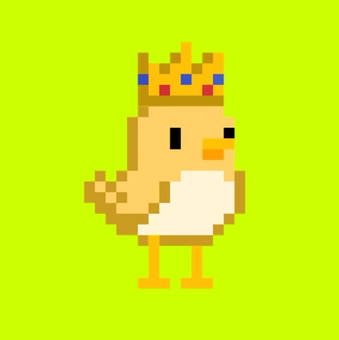 A pixel art illustration of a small yellow chick wearing a golden crown with red and blue jewels, set against a bright green background.