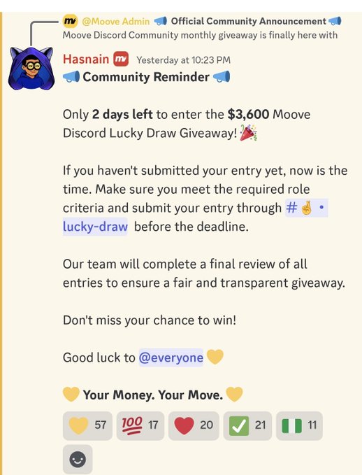 A Discord community announcement from "Moove Admin" features a "Community Reminder" from user Hasnain about the $3,600 Moove Discord Lucky Draw Giveaway, emphasizing only 2 days left to submit entries through the lucky-draw channel, with 57 likes, 17 100s, 20 hearts, 21 checkmarks, and 11 pause reactions below the message.