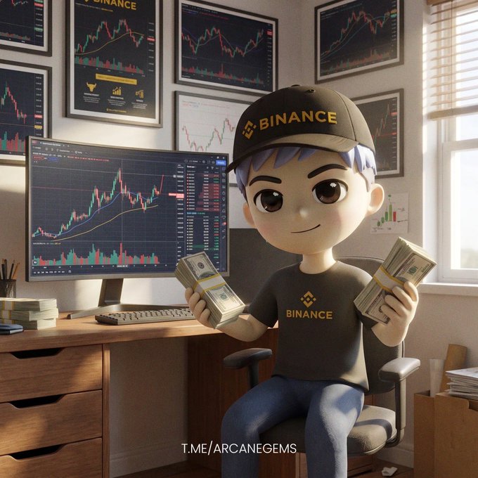A chibi-style character wearing a black "BINANCE" cap and t-shirt proudly holds stacks of cash in front of a monitor displaying trading charts, with multiple Binance-themed financial posters on the wall. The post "it's just conviction" ties into the image's theme of unwavering belief in crypto trading paying off.