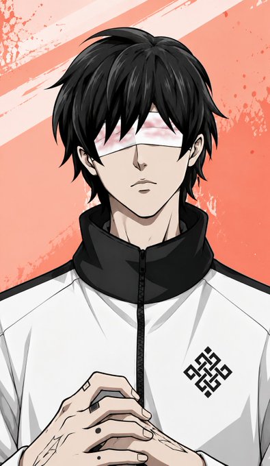 An anime-style illustration of a black-haired figure with a blindfold, wearing a white jacket featuring an intricate knot-like emblem on the chest, set against a textured coral and white background. The blindfolded character visually reinforces the post's theme of a Trusted Execution Environment (TEE), symbolizing isolation and the hidden, protected nature of secure computation referenced in the @ritualnet and @Jez_Cryptoz discussion.