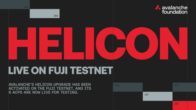 Announcement graphic from Avalanche Foundation stating 'HELICON LIVE ON FUJI TESTNET', with text noting Avalanche's Helicon upgrade has been activated and its 6 ACPs are now live for testing.