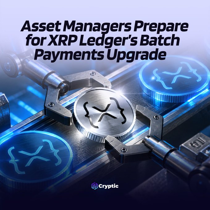 A metallic robotic arm grips an XRP coin amid glowing blue XRP tokens, beneath the headline "Asset Managers Prepare for XRP Ledger's Batch Payments Upgrade." The Cryptic-branded graphic visually represents the post's focus on $XRP Ledger's Batch V1.1 upgrade, which allows asset managers to bundle up to eight linked transactions into a single settlement, highlighting the technical infrastructure enabling this commercial adoption.