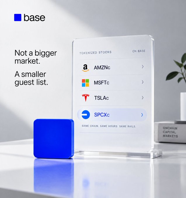 A Base cryptocurrency advertisement reading 'Not a bigger market. A smaller guest list' featuring a glass display listing tokenized stocks on Base including AMZNc, MSFTc, TSLAc, and SPCXc.