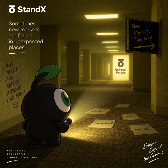 An advertisement for StandX features a small, round, black character with a green leaf on its head, holding a flashlight in a dark hallway. Text includes 'StandX,' 'Sometimes new markets are found in unexpected places,' 'Universal Markets,' and 'Explore Beyond the Obvious,' with notes for 'Stocks?', 'Commodities?', 'FX?', and 'Indices?'.