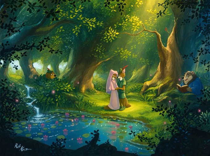The image is a whimsical illustration of a bridal couple—depicted as Disney-style Robin Hood and Maid Marian characters—embracing in a magical forest clearing near a glowing pond, with little woodland creatures watching, evoking the romantic "Marianhood" wedding meme referenced in the post about the $MARIANHOOD token launch on the rh chain.

The artist's signature "Rich Ka" appears in the bottom-left corner.