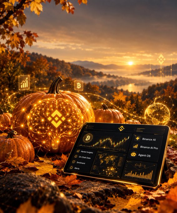 An autumn-themed digital artwork featuring glowing pumpkins and a tablet displaying 'Binance AI,' 'Binance AI Pro,' and 'Agent OS' against a sunset landscape.