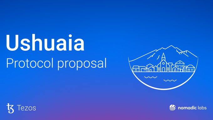 The image features a blue banner with white text that reads "Ushuaia Protocol Proposal". The text is written in a serif font, giving it a formal appearance. Below this, there's an illustration of a mountain range with a small town at its base. This image serves as the backdrop for the text and logo on the banner.