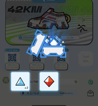 A screenshot of a mobile running game showing 42KM and 360,312 distance, with a shoe icon being upgraded and options for 'Speed Gear', 'Green Gear', and 'Distant Gear'.