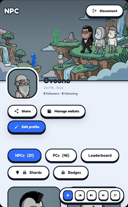A screenshot of an NPC profile page showing username '0xcf16...fa2a' with 0 followers and 0 following, featuring profile options like Share, Manage wallets, Edit profile, and category tabs for NPCs (21), PCs (46), Leaderboard, Shards, and Badges.