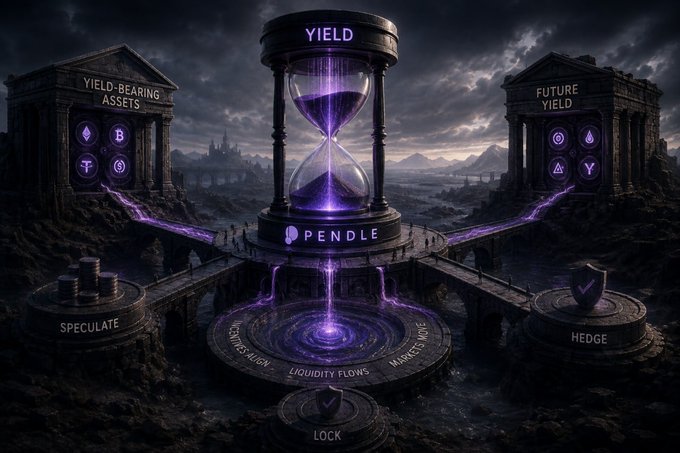 A fantasy-style illustration featuring a large hourglass labeled 'YIELD' and 'PENDLE', with surrounding structures labeled 'YIELD-BEARING ASSETS', 'FUTURE YIELD', 'SPECULATE', 'HEDGE', and 'LOCK', connected by purple energy streams.