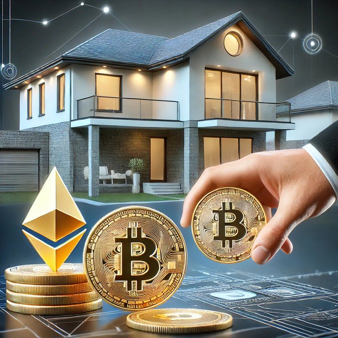 A modern two-story house with a balcony and garage is illuminated against a dark sky, with a hand holding a Bitcoin coin in the foreground alongside stacked Bitcoin and Ethereum coins on a digital network surface.